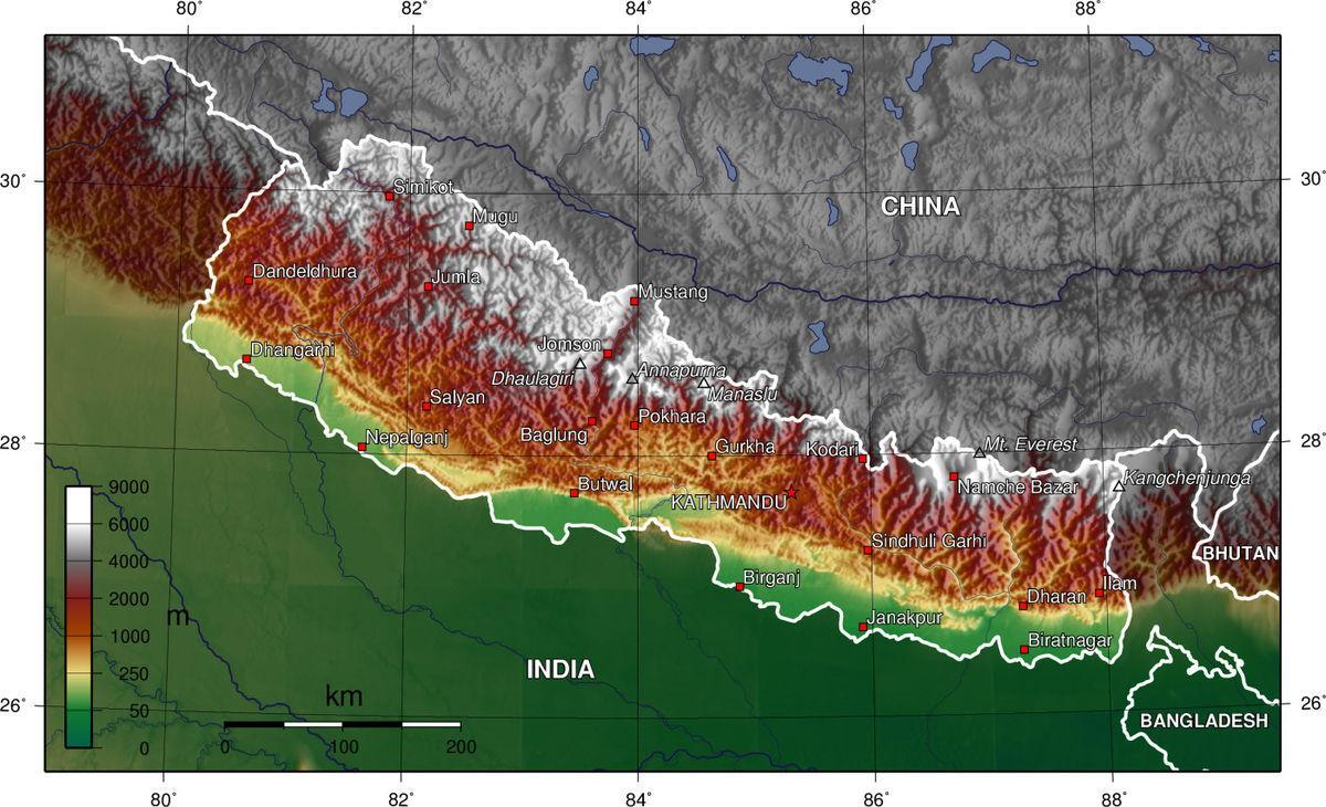 nepal elevacija mapu